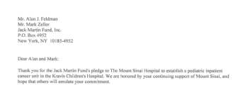 2017 – Thanks from Peter May, Chairman of Mount Sinai Boards of Trustees