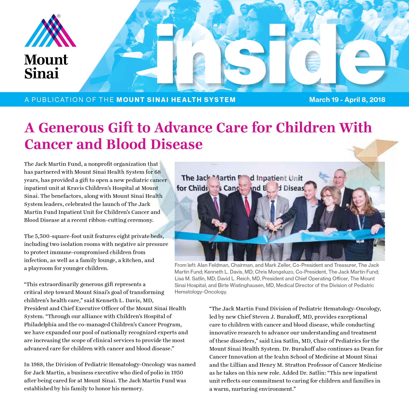 2018 – A Generous Gift to Advance Care for Children with Cancer and Blood Disease